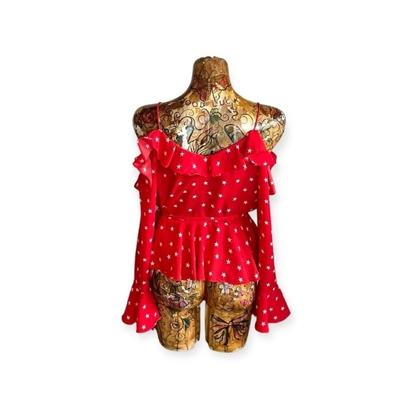 Asos wrap top blouse red white stars size 8 medium cold shoulder - Picture 4 of 8